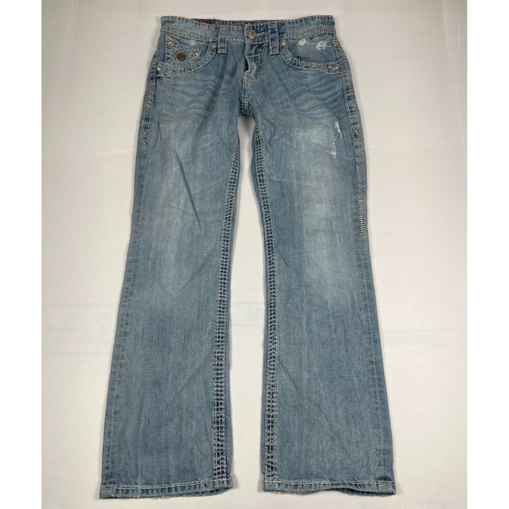 Rock Revival Men Ty 31 Relaxed Straight Blue Denim Jeans Thick Stitch Y2K
